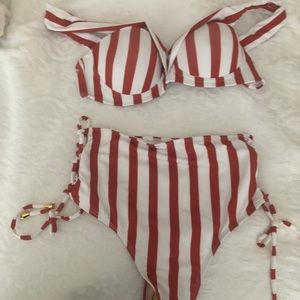 Red Striped Off Shoulder High Waisted Bikini Set